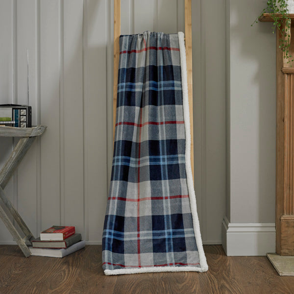 Sherpa Reverse Douglas Check Ultra Plush Warm Blanket Throw in Navy Blue & Grey 125x150cm