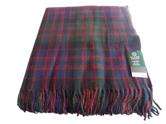 Highland wool blend tartan blanket throw in MacDonald Tartan, versatile tartan capelet, premium tartan throw blankets, and luxury tartan blankets.