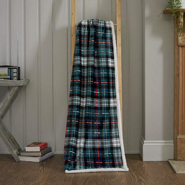 Sherpa Reverse Super soft MacKenzie Tartan Check Throw in Blue Green Heather 125x150cm