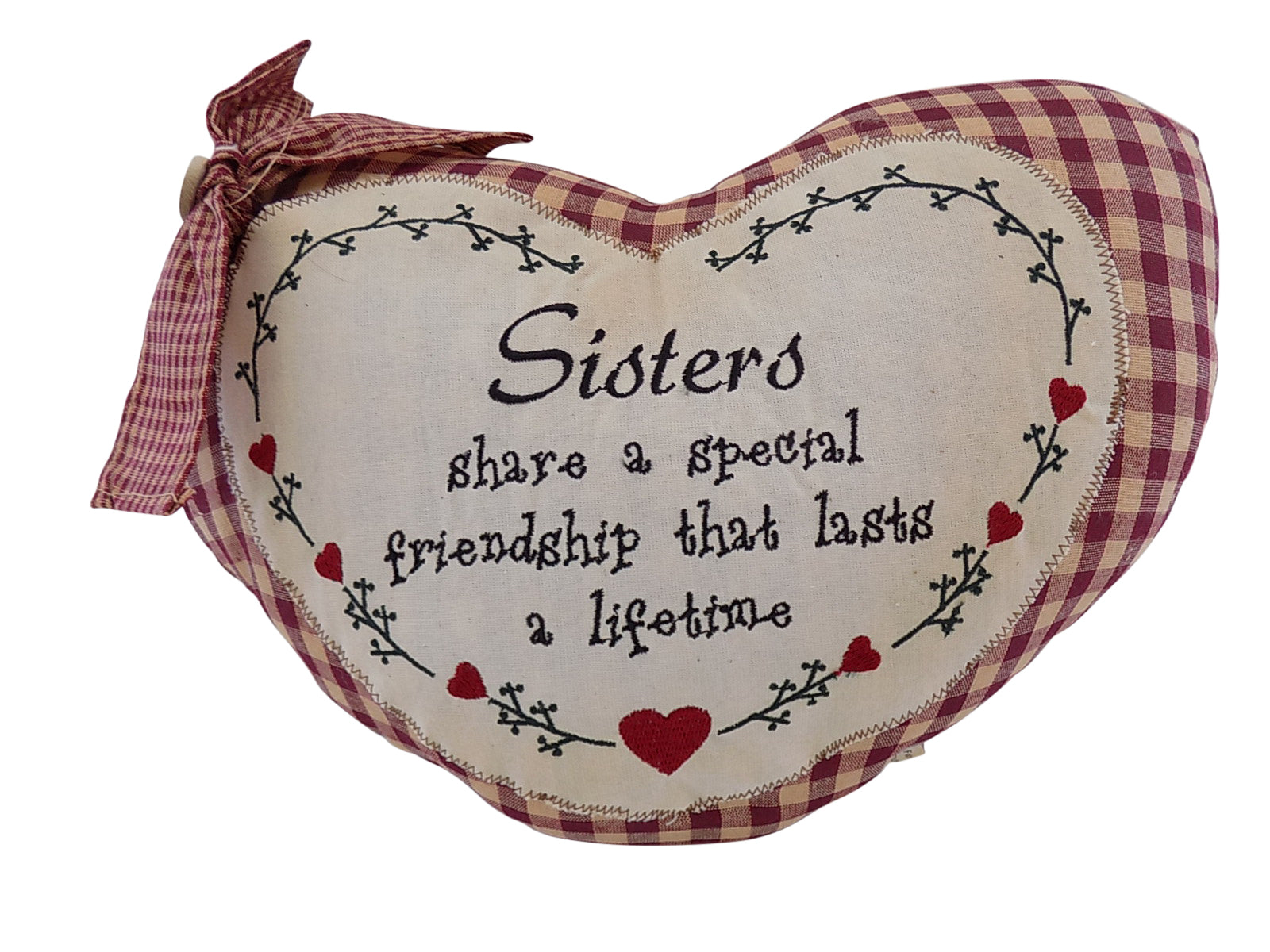 Rustic Country Farmhouse Maroon & Cream Heart shaped Cushion (Sisters)