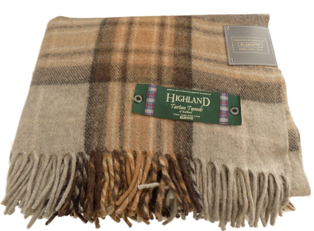 Highland Wool Blend Tartan Blanket / Throw Extra Warm Mackellar Natural