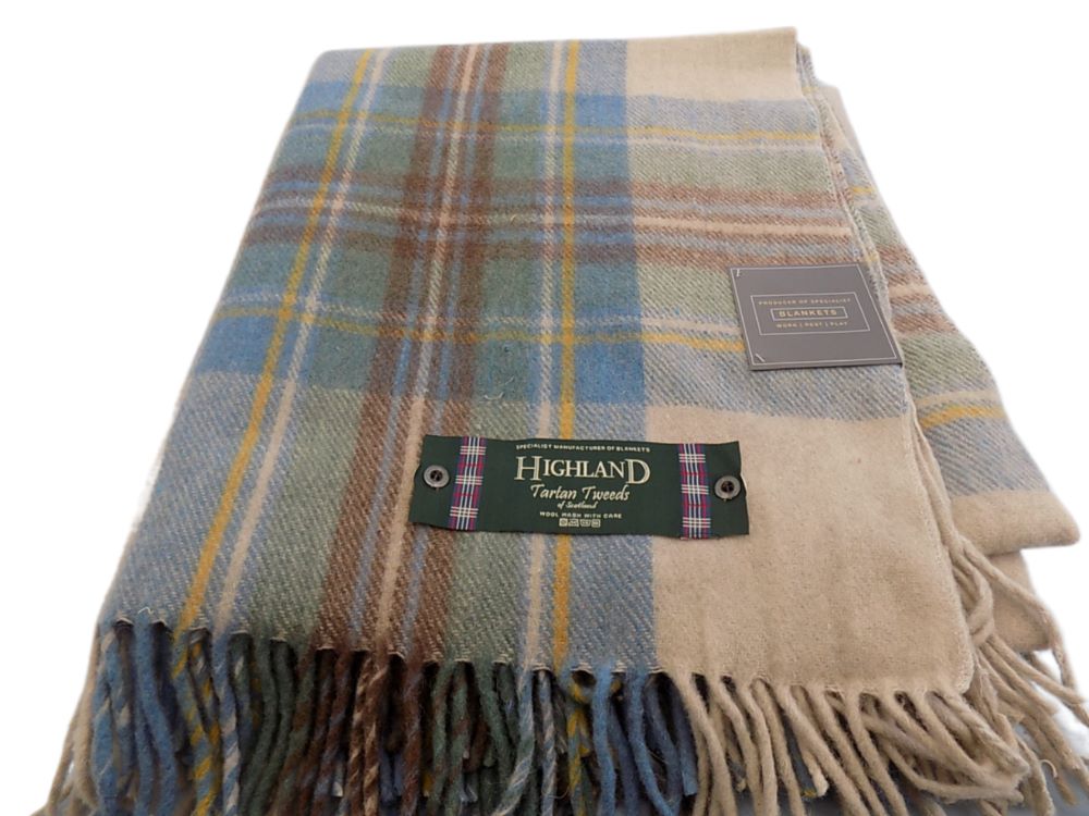 Highland Wool Blend Tartan Blanket / Throw Extra Warm Stewart Mute Blue Tartan