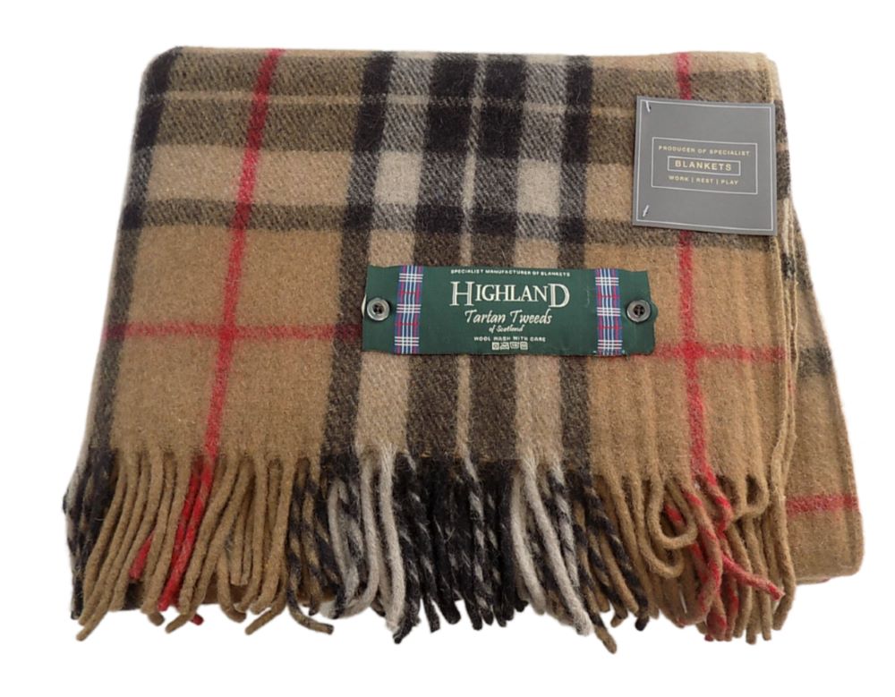 Highland Wool Blend Tartan Blanket / Throw Extra Warm Thomson Camel